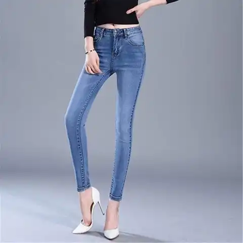 Korean Fashion Women Jeans Cotton Denim High Waist Solid Pencil Pants Spring Autumn New Button Pockets Skinny Casual Trousers