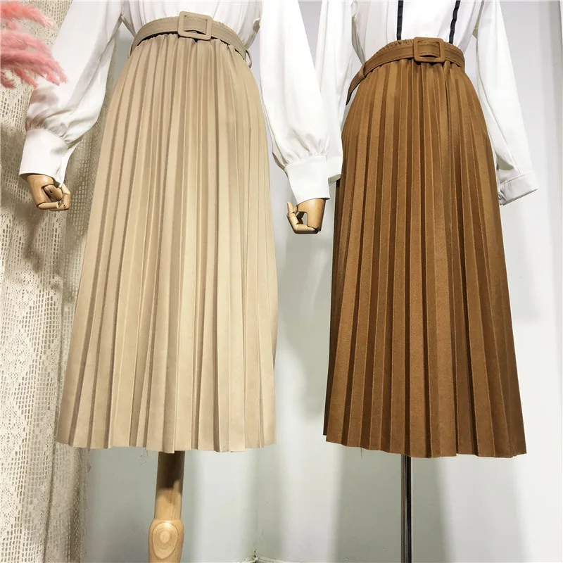 High Waist Women Skirt Casual Vintage Solid Belted Pleated Midi Skirts Lady 9 Colors Fashion Simple Saia Mujer Faldas