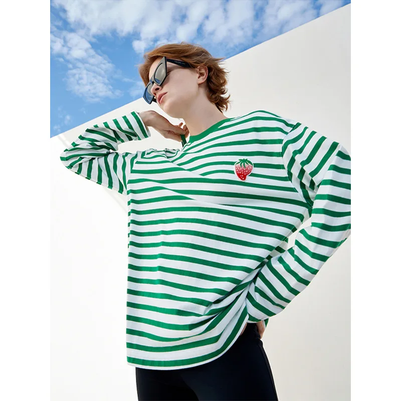 

Strawberry Embroidery T-shirt Women Cotton Loose O-neck Stripes Long Sleeve Casual Female Tees 2022 Spring new