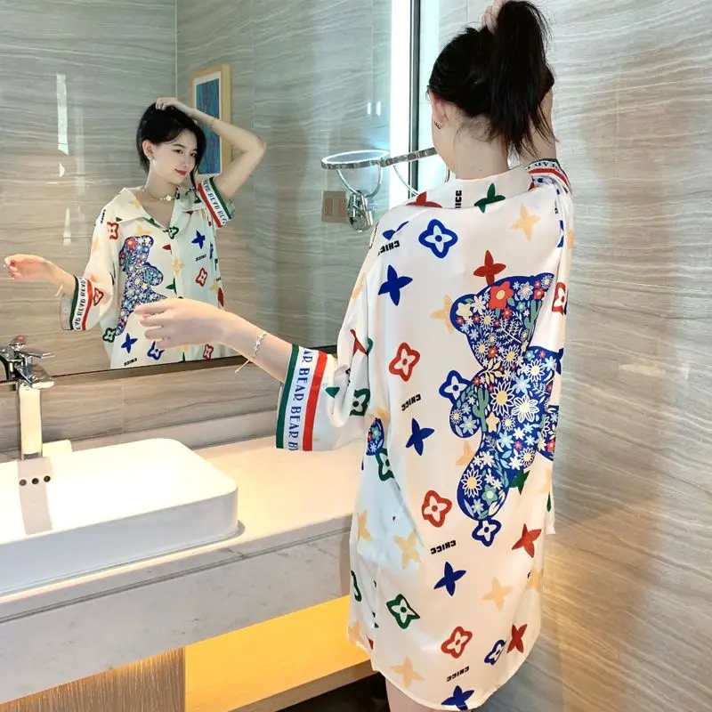 Net red ice silk nightdress female 2023 new summer short-sleeved thin style senior sense plus size shirt sexy sleep dress
