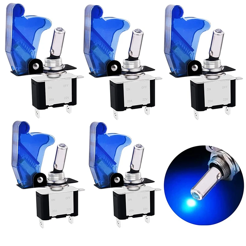 Toggle Switch 5 Pack 3Pin 12V 20A Lighted Heavy Duty Waterproof Witch With Cover SPST ON/Off Blue LED