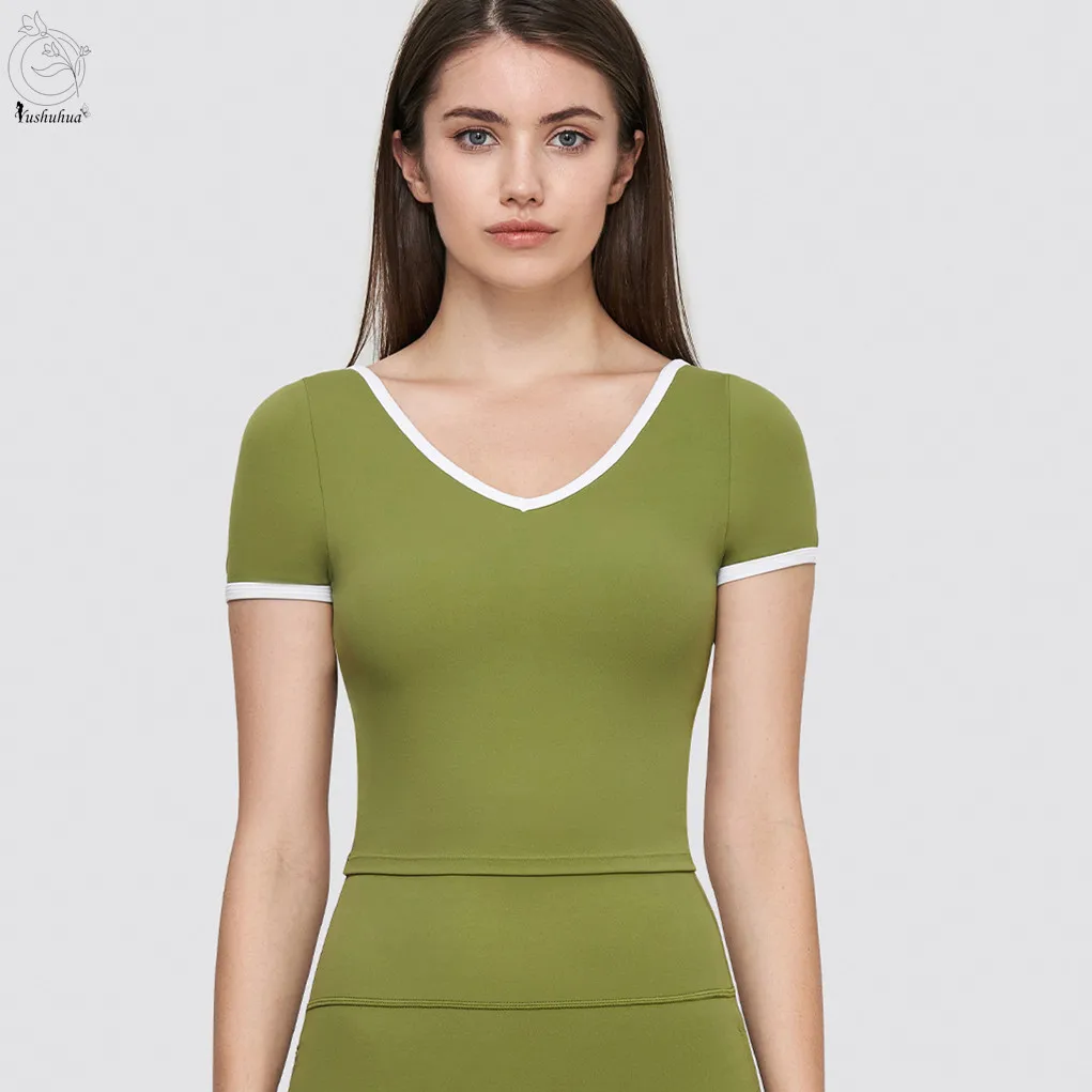 

Женская Повседневная футболка с подкладкой для груди, яркая футболка с коротким рукавом для бега и фитнеса, женский укороченный топ для тренажерного зала, тонкая спортивная одежда