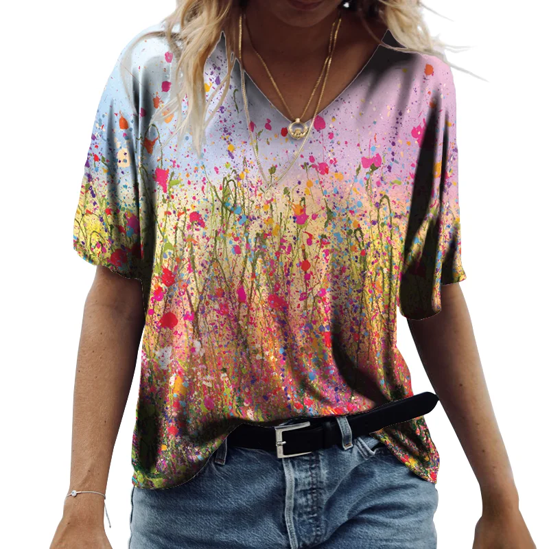 

Футболка женская хлопковая с 3D принтом, Модный повседневный Свободный Топ с коротким рукавом и V-образным вырезом в стиле ретро, уличная оде...