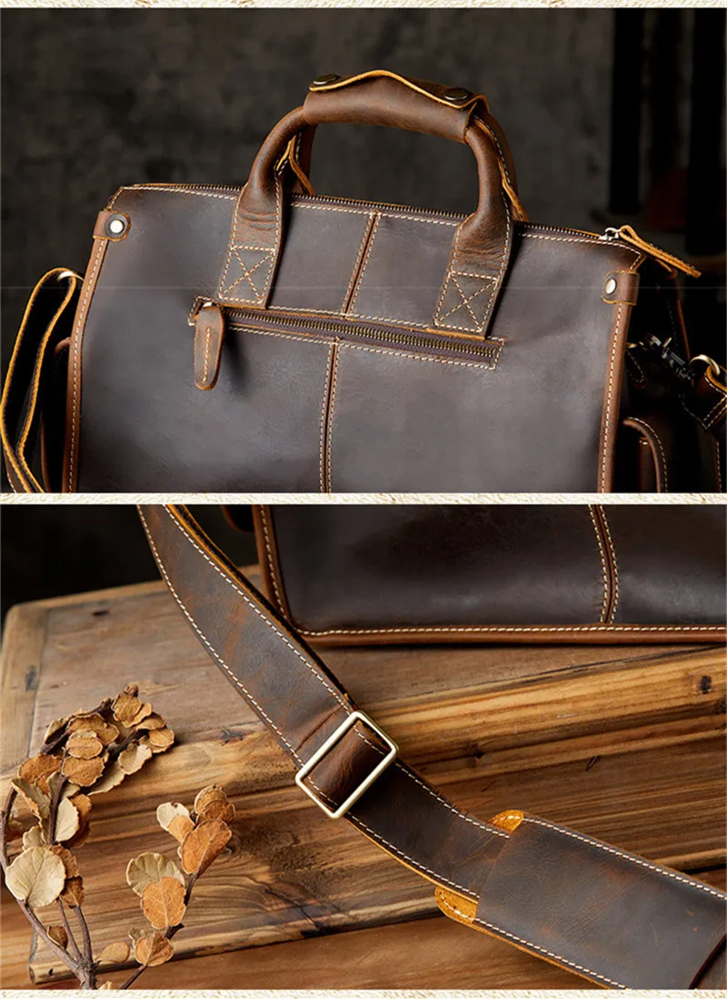 Retro fashion crazy horse cowhide men brown hand computer bag daily office laptop lawyer briefcase genuine leather business bag