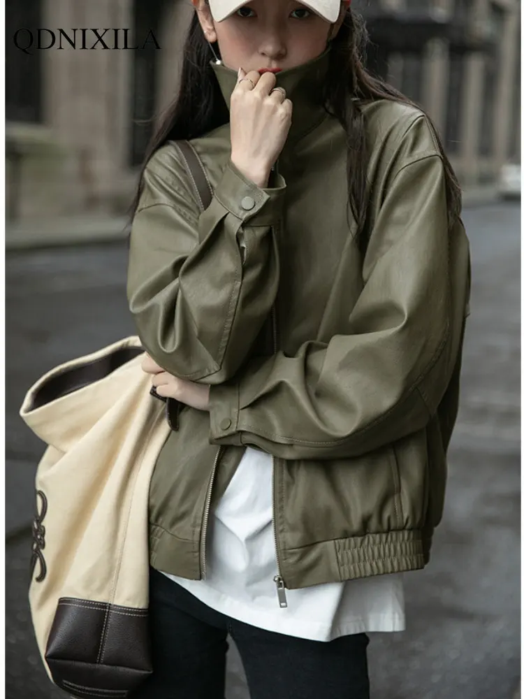 2022autumn Winter Leather Jacket Women Retro Leather Coats, High Sense of Harajuku Lazy Wind Jackets，Korean Fashion Street Style