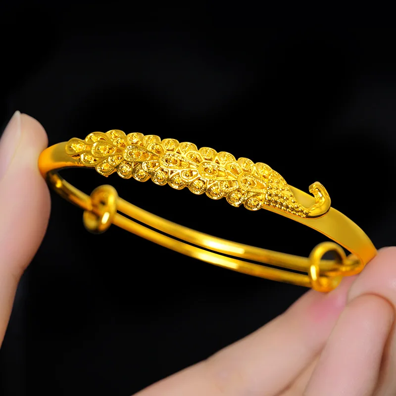 

24k yellow Gold Plated Peacock Bracelet for women Luxury Phoenix Adjustable Push Pull Bangle not fade Wedding Anniversary Gifts