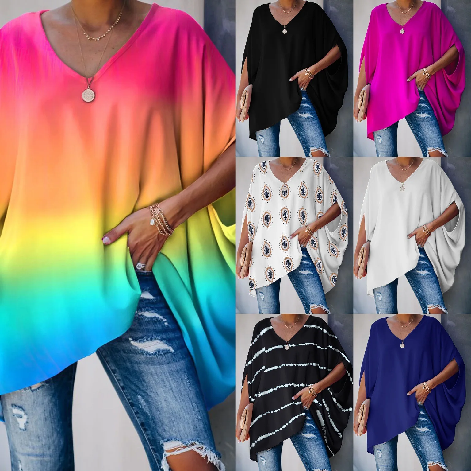 

Tie Dye Print Casual Blouse Women Pullover Top Autumn Half Batwing Sleeve V-Neck Loose Blouse Women Quick Drying Casual Top