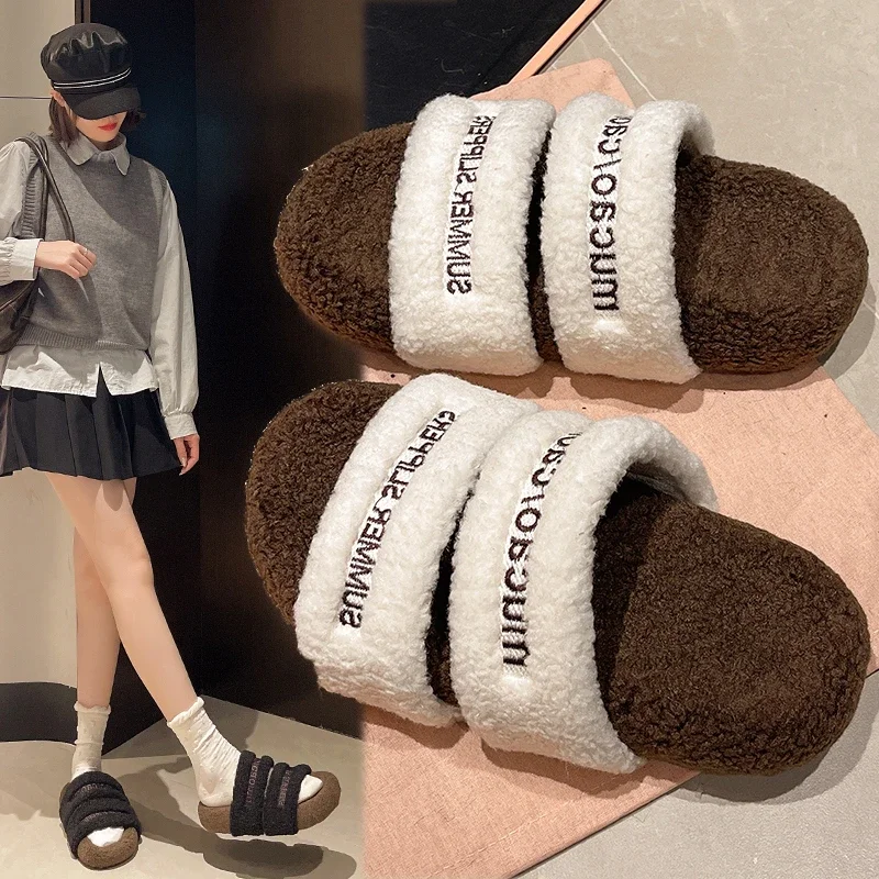 Шлепанцы женские из овечьей шерсти с вышивкой и надписью на толстой подошве