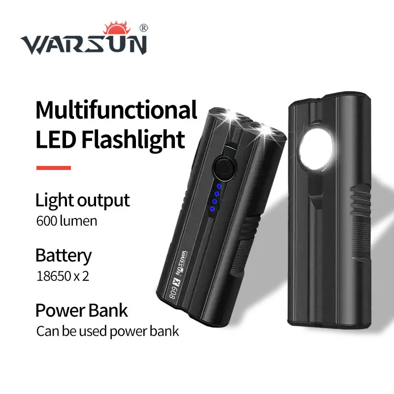 

Двойной Магнитный фонарик с двумя батареями 18650, внешний аккумулятор, многофункциональный портативный фонарик 600 люмен, для кемпинга | WARSUN
