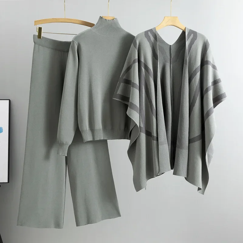 Офисный женский комплект из 3 предметов винтажный принт шаль пуловер свитер