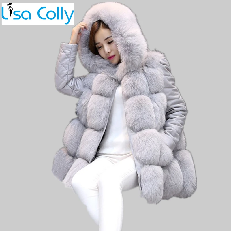 Women Winter Overcoat Outwear PU Leather Removable Sleeves Faux Fur Coat With Hooded Thick Warm Faux Fox Fur Jacket