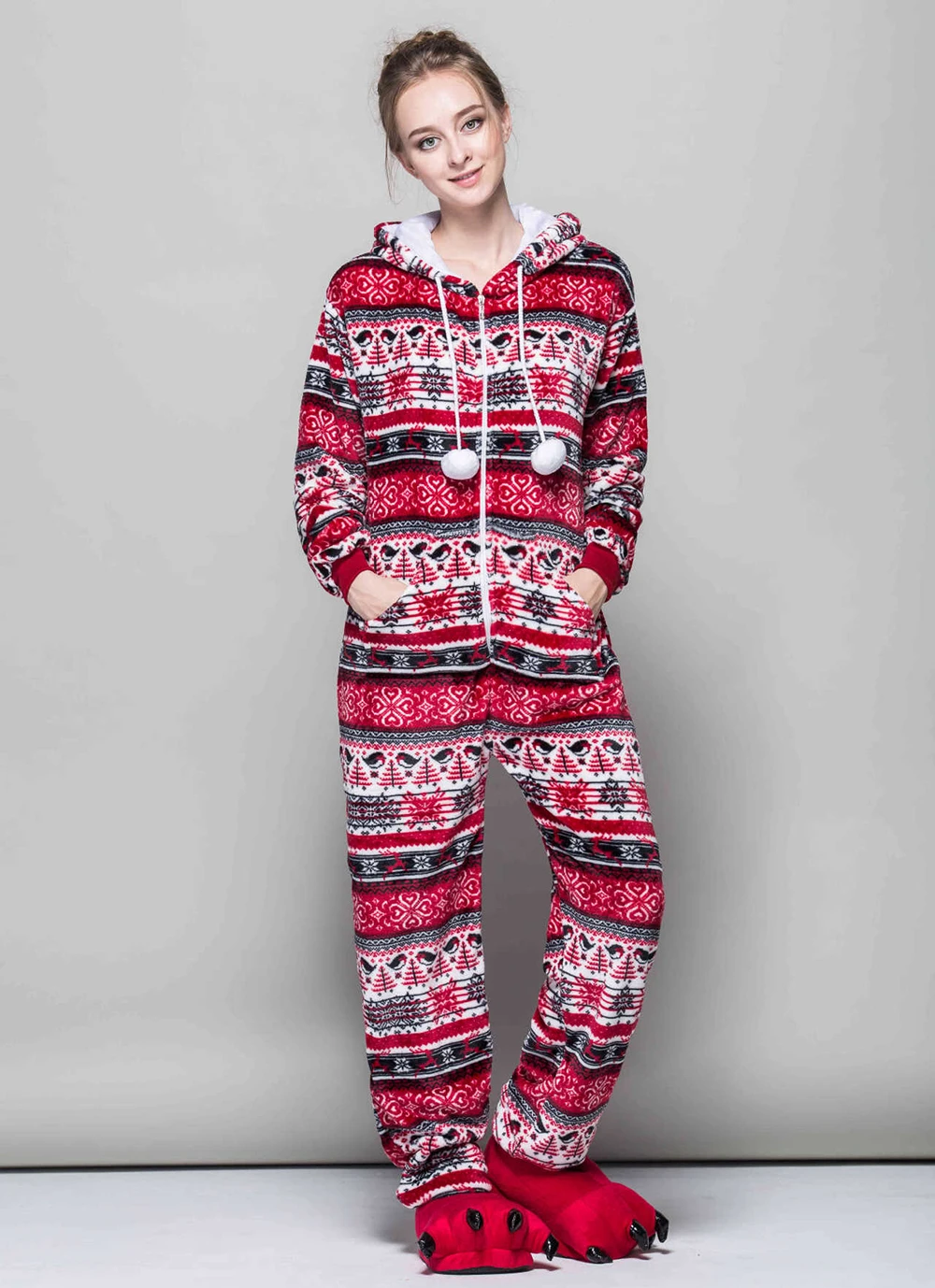 Christmas Jumpsuit Pajamas Set Flannel Women Winter Print Warm Long Sleeve Sleepwear Xmas Hooded Nightwear Fleece Onesie Costume