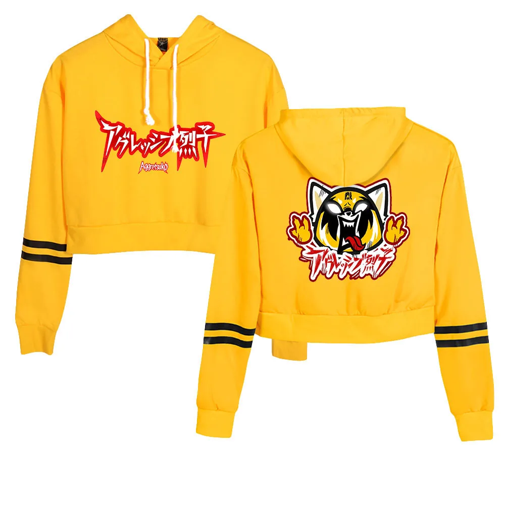 

2022 американская мультяшная Толстовка Aggretsuko, укороченная Толстовка с длинным рукавом и пупком, Женский пуловер, Повседневная Уличная модная...