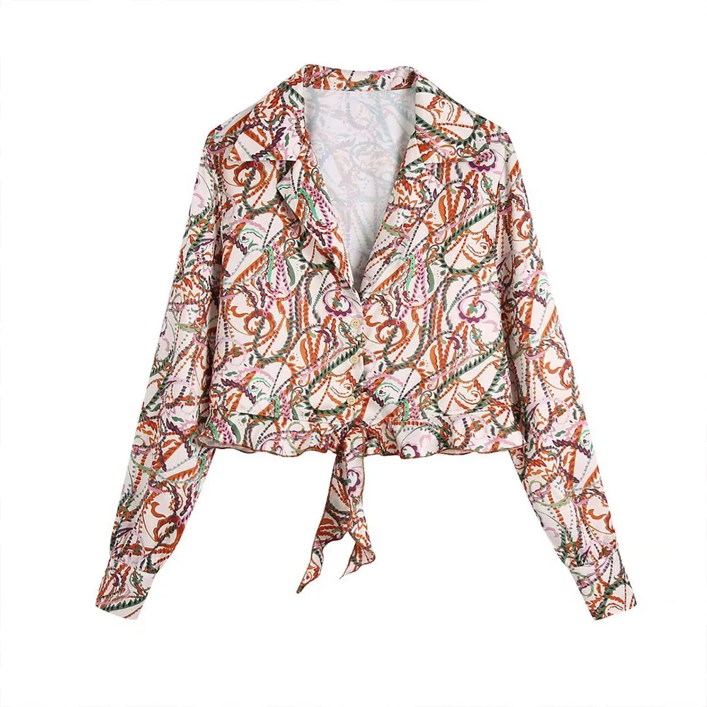 

Women's shirts 2022 summer new fashion all-match knotted printed shirts long-sleeved single-breasted chic tops women's blouses