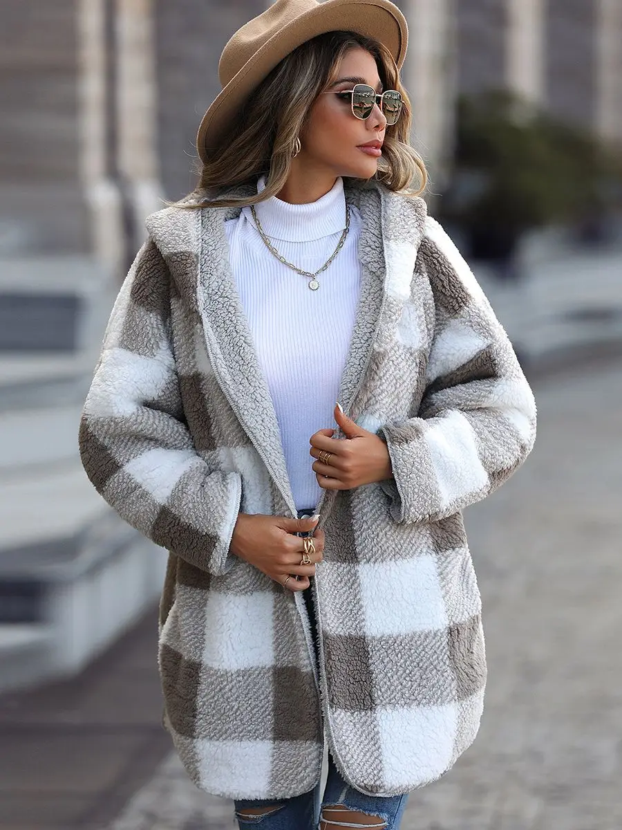 

Fashion New Casual Plush Women's Hooded Regular Long Sleeve Loose Plaid Bubble Down Buckle Free Coat