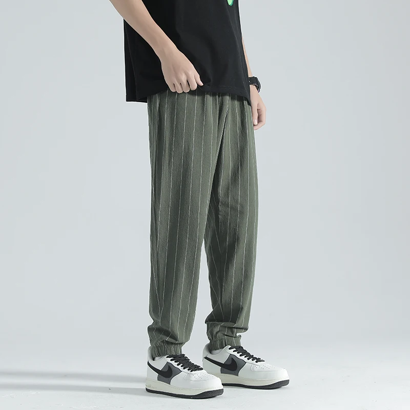 

American Vintage Ultrathin Cotton Linen Mens Harem Pants Loose Fashion Striped Casual Men's Sweatpants Streetwear Trousers