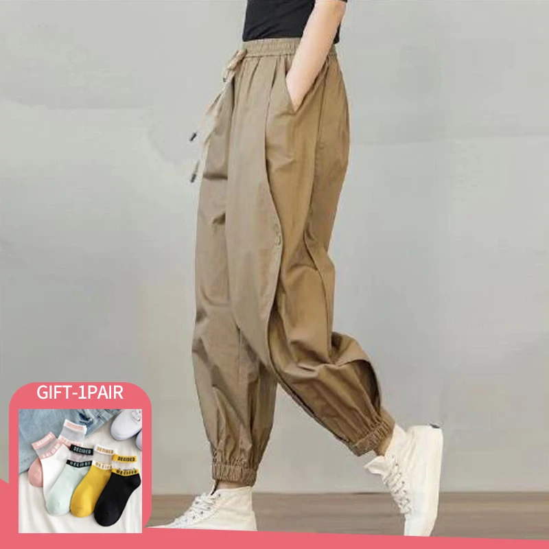 

Casual Sports Trousers Women Summer Overalls Pants Button Mid Waist Elastic Loose Ankle-length Pants All-matched Harem Pants