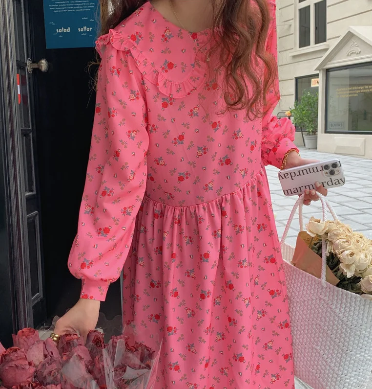 

Korean Spring Pink Elegant Doll Collar Stitching Fungus Edge Puff Sleeves Full Screen Floral Dress Female