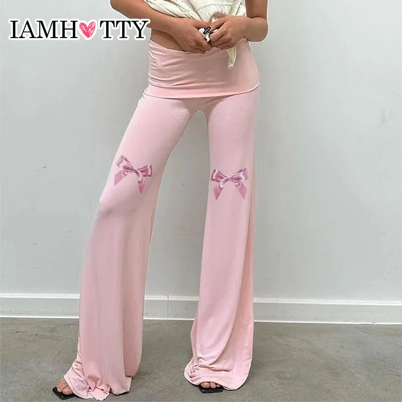 

IAMHOTTY Sweet Bow Print Wide Leg Pants Pink Cute Casual Basic High Waist Loose Sweatpants Coquette Soft Trousers Joggers Outfit