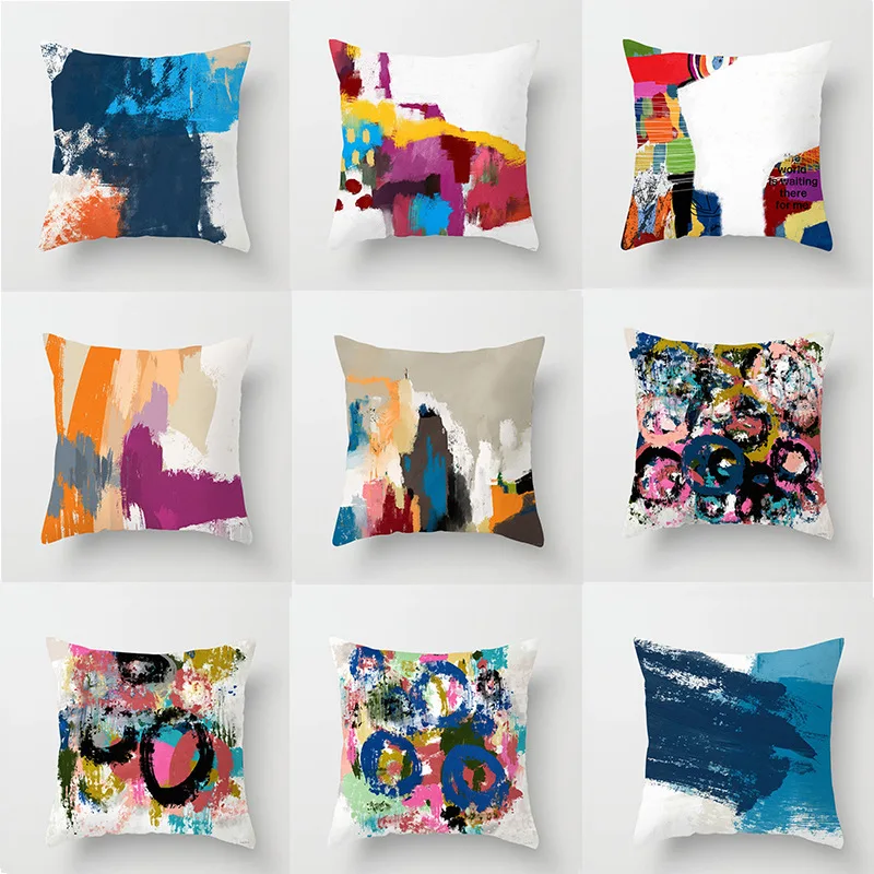 

45x45cm Nordic Light Luxury Sofa Pillow Cover Peach Skin Velvet Abstract Oil Painting Bedside Simple Cushion Cover Home Decor