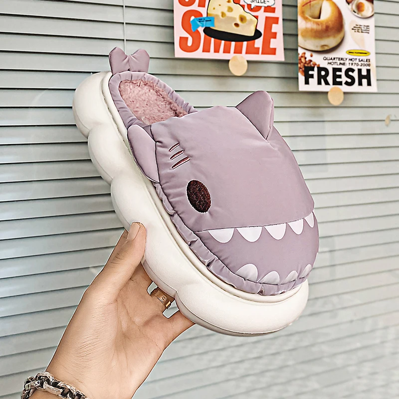 

Home Winter Women Men Cartoon shark slippers Down Thick Sole Slipper Indoor Flip Flops Soft Anti-Slip Couple Slides Ladies Shoes