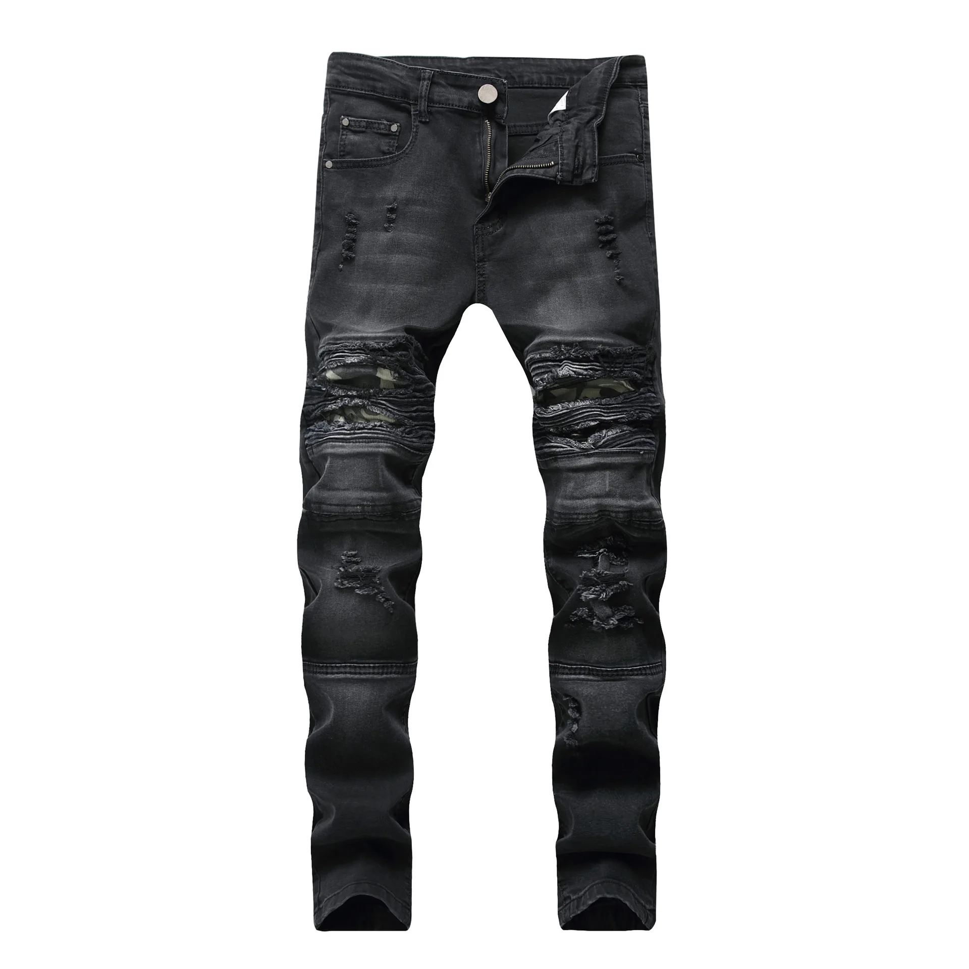 

Fashion 2022 Men's Ripped Slim Stretch Casual Jeans Knee Fold Motorcycle Biker Camouflage Men's Trousers pantalon skinny homme
