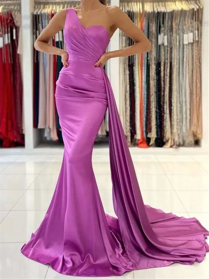 

Dresses For Women 2022 Green Long Mermaid Evening Dresses One Shoulder Ribbons Satin Formal Dress Wedding Party Gown For Women C