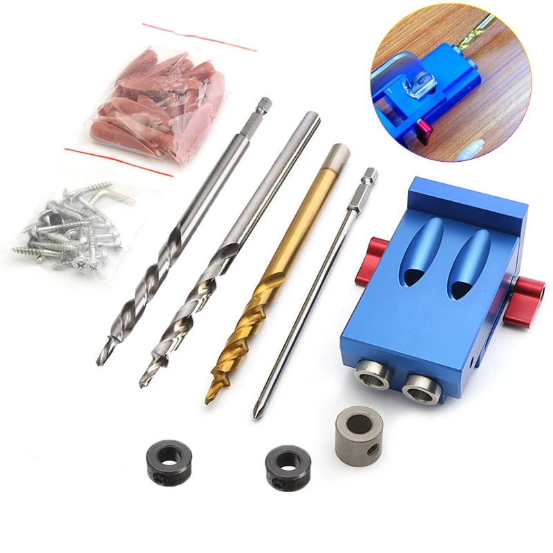 

5-45 Degree Adjustable Angle Aluminum Pocket Hole Jig Kit Wood Hole Saw 9.5mm 9.0mm Step Drill Bits 150mm PH2 Screwdriver Bit