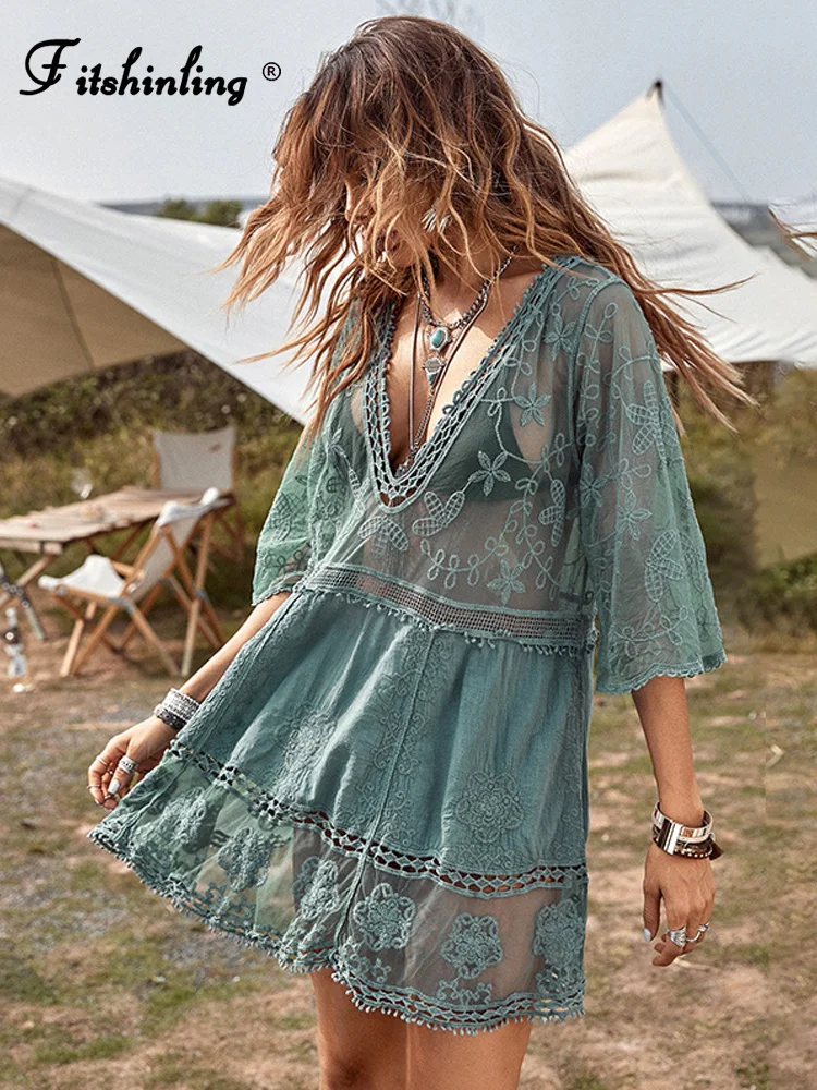 

Deep V Neck Boho Beach Outing Sheer Sexy Lace Tunic Pareo Swimwear Summer Vintage Short Dress Holiday Cover Up 2023