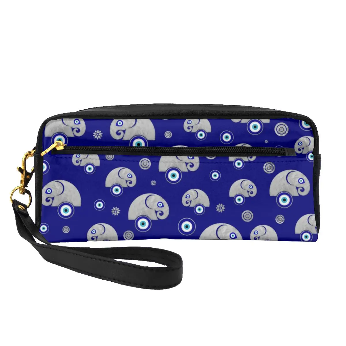 

Cute Elephant Leather Storage Organizers Blue Evil Eye Print Women Makeup Pouch Traveling Multi-purpose Cosmetic Bags