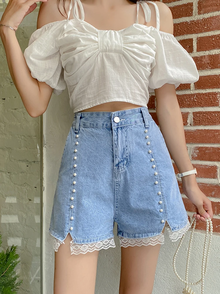 New Spring Summer Women High Waist Beading Lace Spliced Blue Denim Shorts Casual Female Wide Leg Jeans Shorts Bottoms