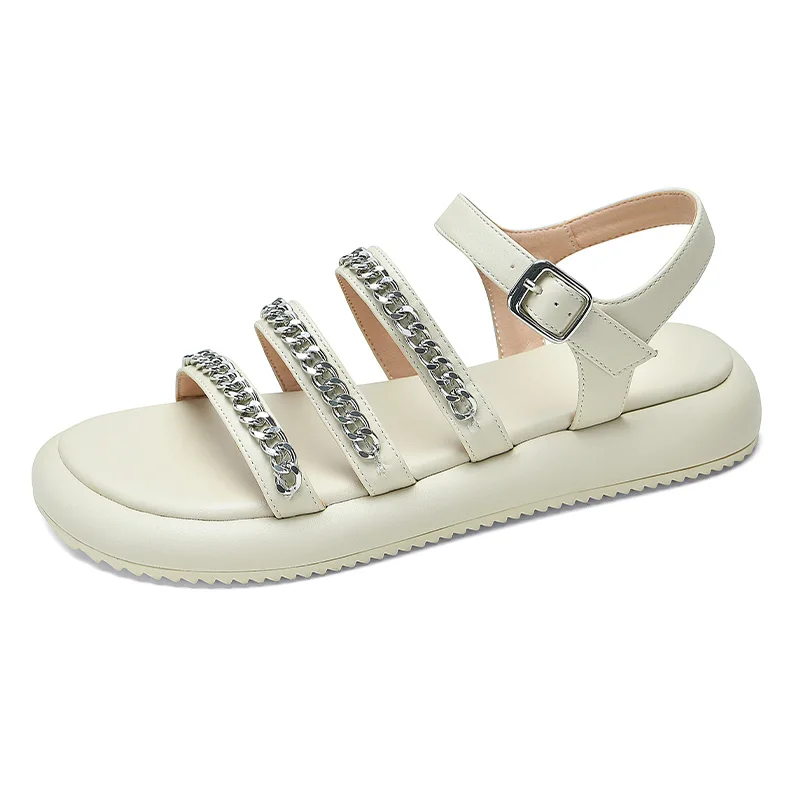 

Women Sandals SmallHut Summer Microfiber Platform Shoes Casual Ladies Ankle Strap Apricot Beige Open Toe Metal Decoration Sandal