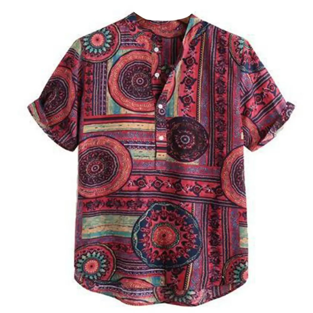 

Summer Shirts for Men O Neck Casual Color Block Ethnic Geometry Print Short Sleeve Buttons Hawaiian Shirt Men Clothing