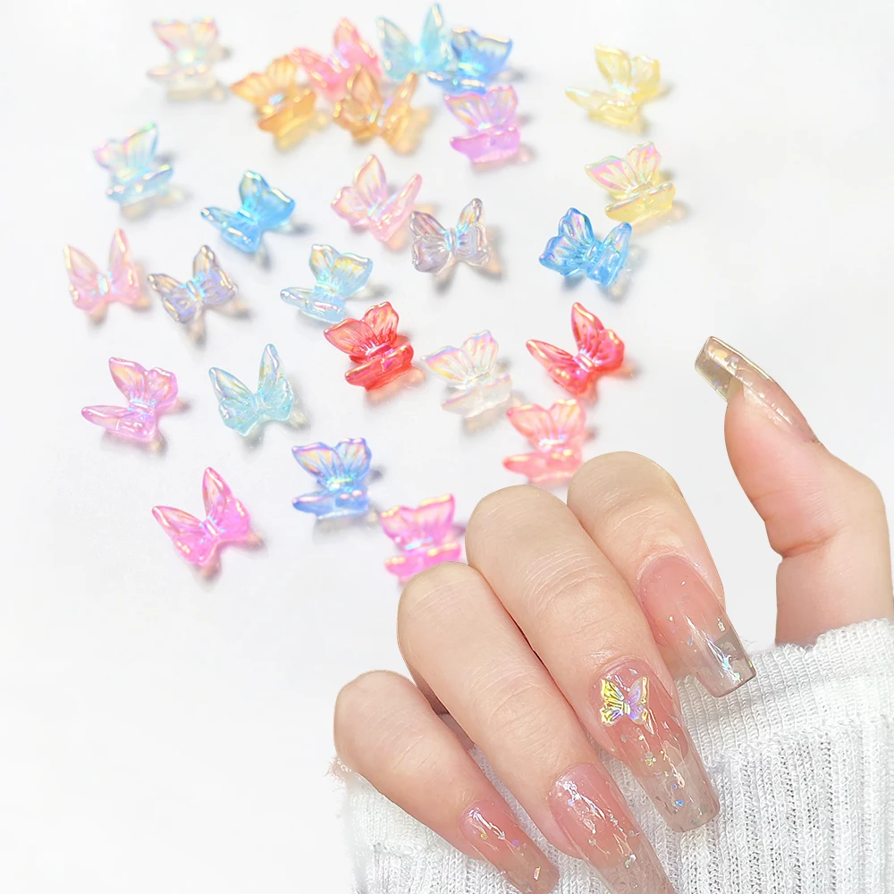 

100Pcs Acrylic Aurora Butterfly Nail Art Charms 3D Butterfly Wings Rhinestones Jewelry Kawaii Resin Korean Manicure Accessories