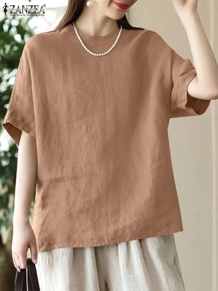 Летняя Повседневная хлопковая блузка ZANZEA с коротким рукавом и круглым вырезом
