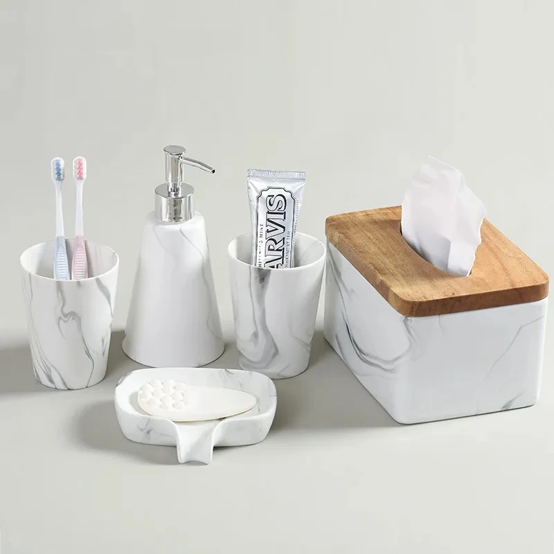 

5Pcs Direct sales Nordic modern marble pattern bathroom ceramic toothbrush cup mouth cup soap dish soap bottle wedding gift set