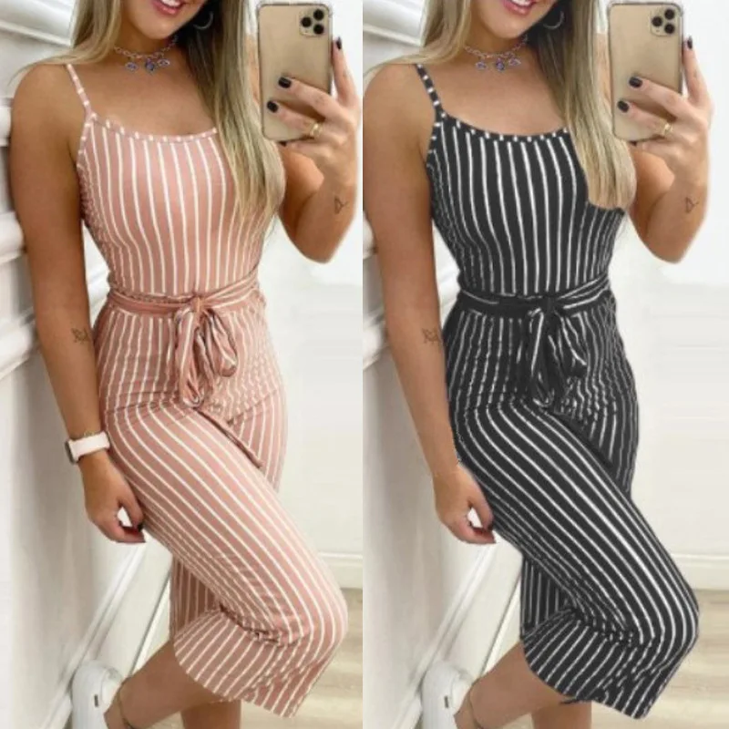 

Женский Облегающий комбинезон на бретельках в полоску, Модный облегающий пикантный комбинезон-труба с завязками, популярный женский комби...