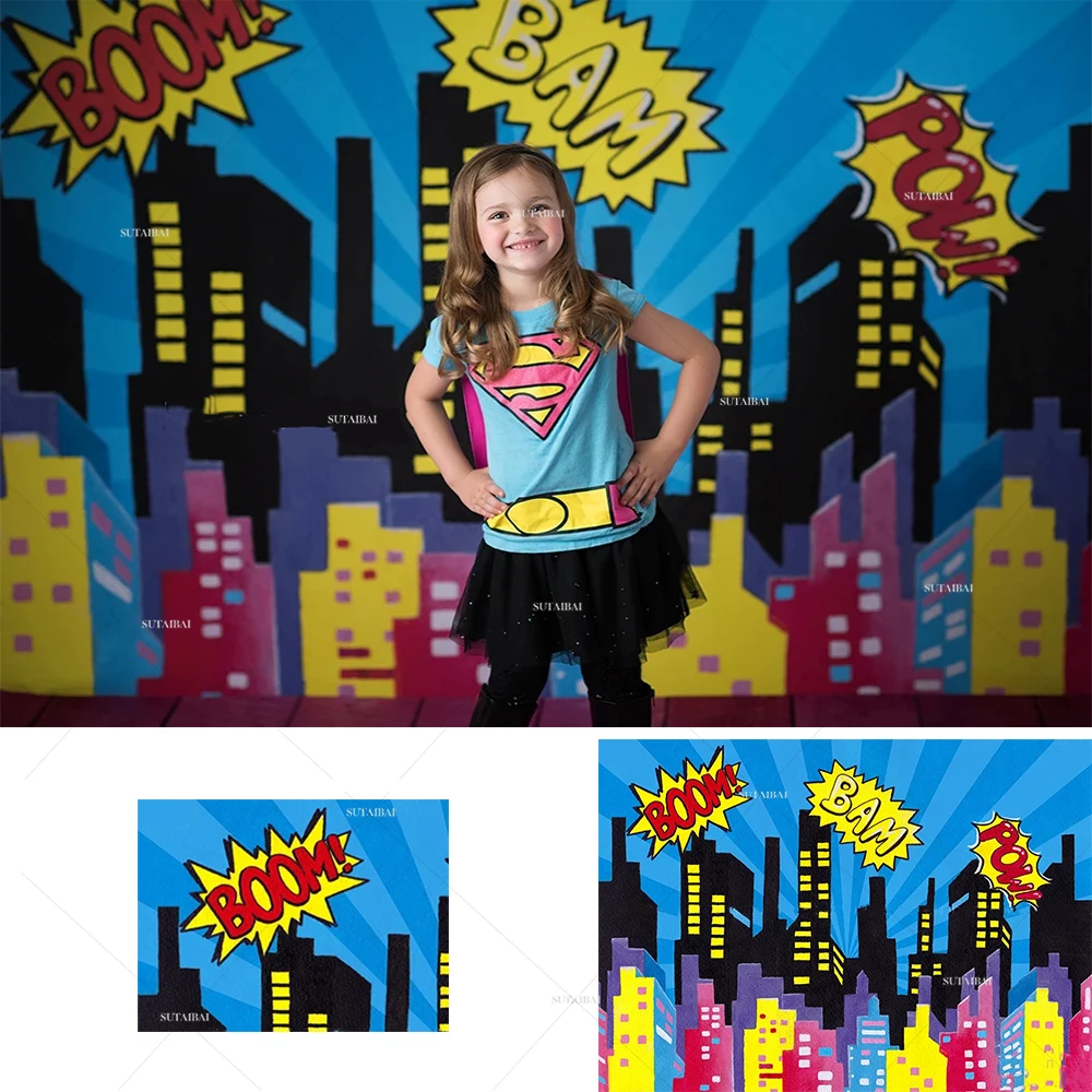 

Superhero City Building Super Hero Theme Backdrops Baby Shower Birthday Party Photography Background for Photo Studio Photophone