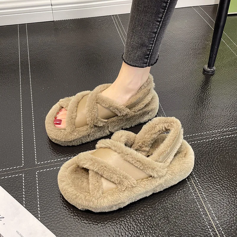 

Шлепанцы женские на платформе, мягкие сланцы, мех, массажные, мягкие, резина, плюшевые, римские тапочки, повседневная обувь, 2022