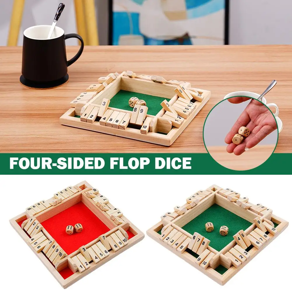 

Four Sided 10 Numbers Shut The Box Board Game Wooden Flaps & Dice Set Deluxe Board Game Party Club Games for Adults Families