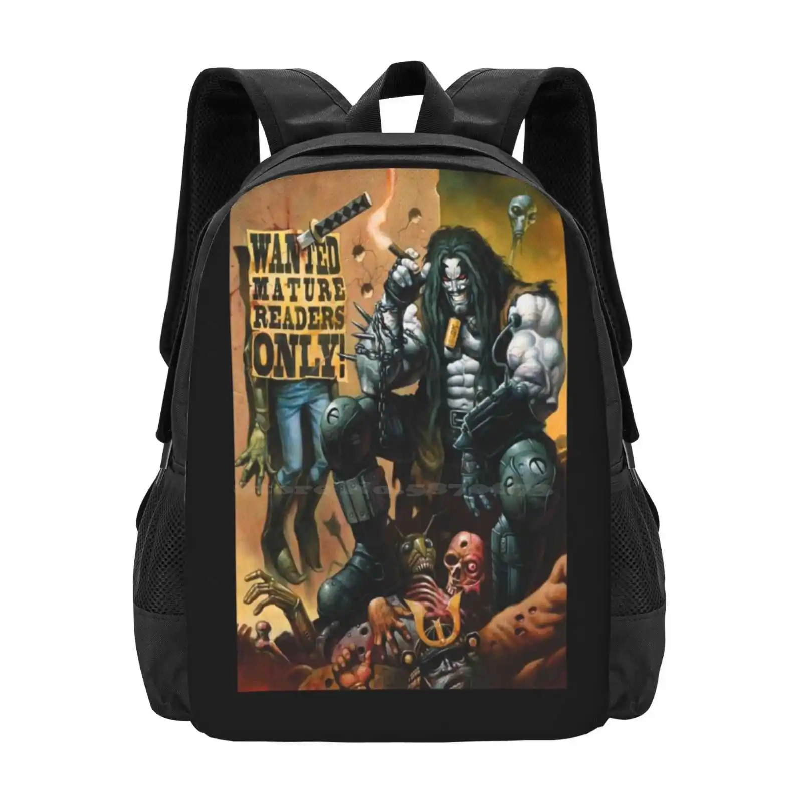 

Wanted Mature Readers Only Teen College Student Backpack Pattern Design Bags Lobo Superhero Villain Comics