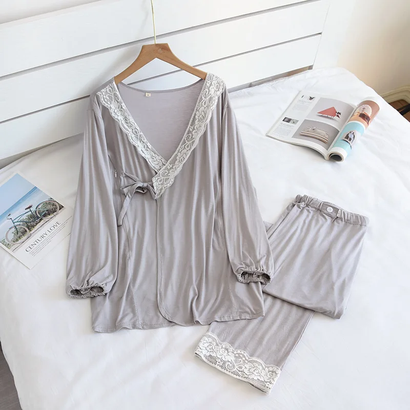 Modal Kimono Nursing Clothes Set Lace V Neck Zipper Spring Summer Thin Long Sleeve Trouser Breast-feeding Pregnant Woman Pajamas