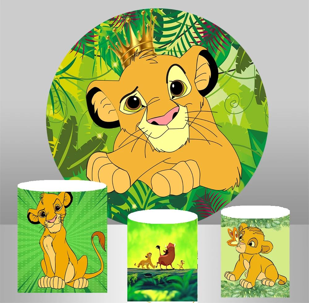 

Round Backdrops Cover roi lion anniversaire Children 1st Birthday Party Background Lion King Circle Table Plinth Cover Banner