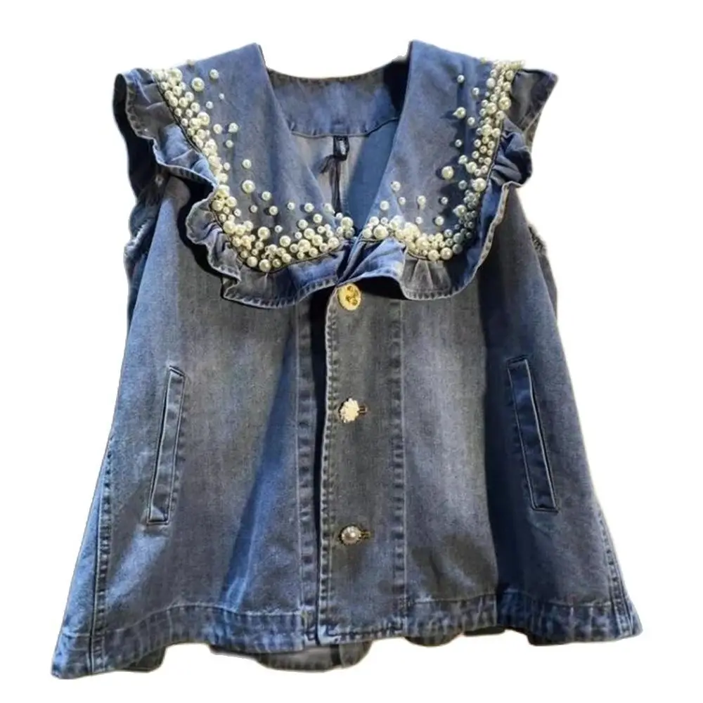 

Women Waistcoat Loose Sleeveless Jacket Ruffles Splicing Jeans Vests Female Doll Collar Vintage Blue Beading Diamonds Denim Vest