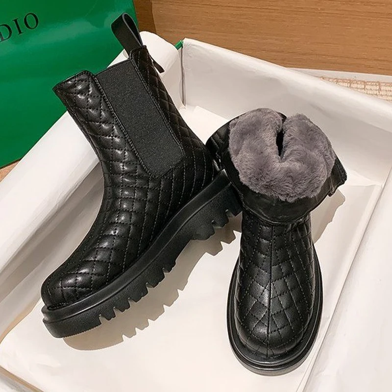 

Женские ботинки, Зимние Теплые ботильоны с мехом и плюшевой подкладкой, модные ботинки челси на платформе, обувь на плоской подошве, повседн...