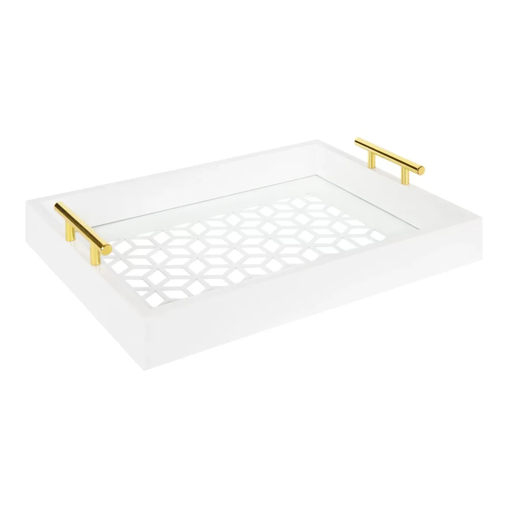 

Kate and Laurel Caspen Rectangle Cut Out Pattern Decorative Tray with Gold Metal Handles, 16.5" x12.25", White and Gold