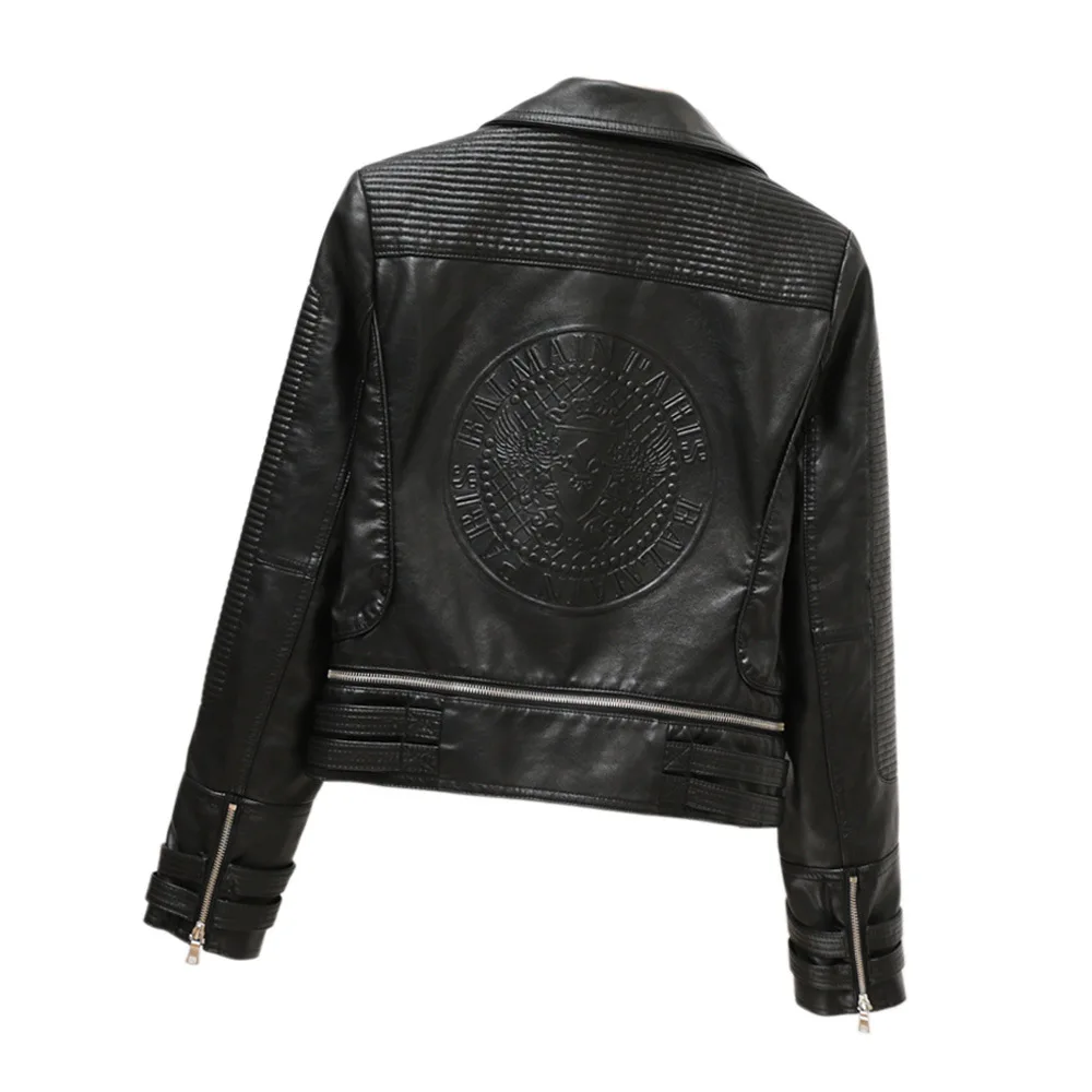 Hem removal back embossed suit collar short style leather coat autumn machine car leather jacket coat pleats