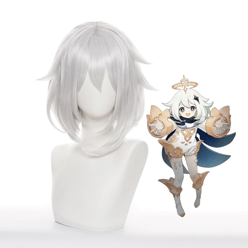 

Genshin Impact Paimon Cosplay Wig White Short Hair Heat Re Sistant Synthetic Hair+Free Gift Wig Cap+free Hair Accessories