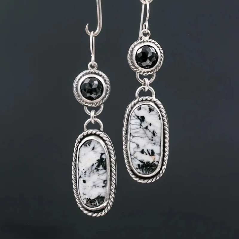

Ancient Silver White Turquoise Women's Earrings Creative Oval Exaggerated Personality Long Face Thin Earrings Jewelry