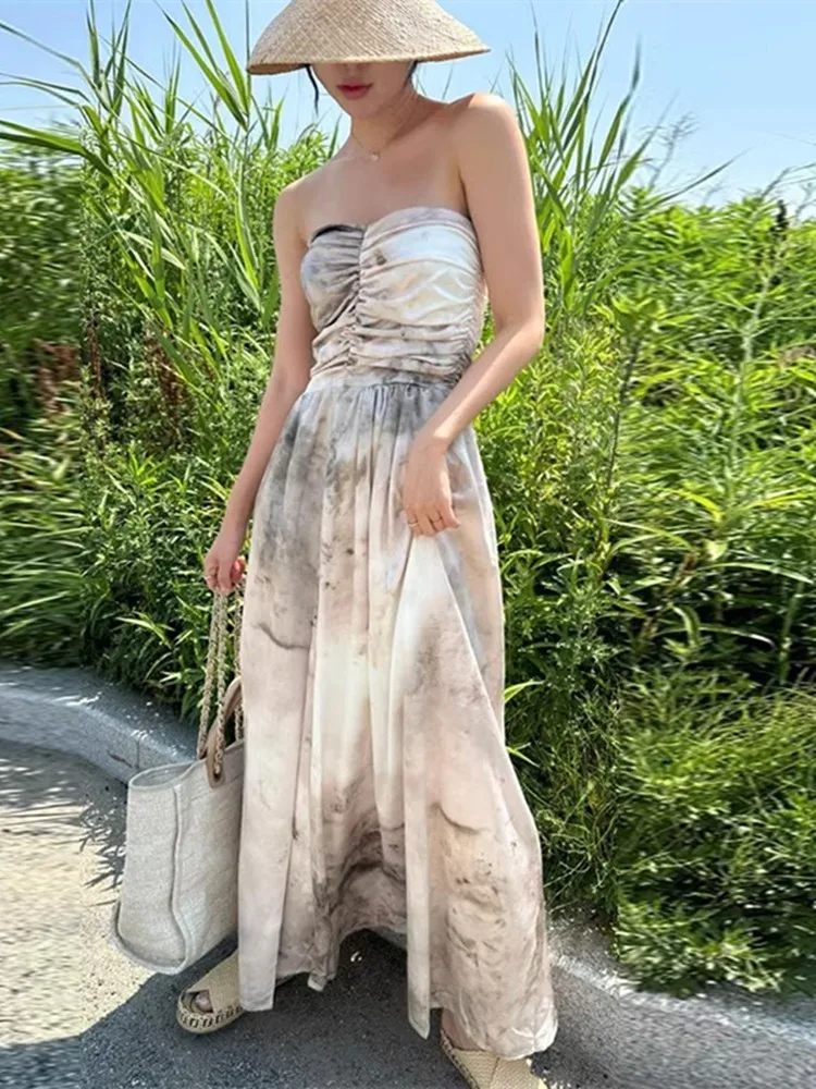 

GUUZYUVIZ Retro Tie-dye Print Strapless Dress for Women Summer Elegant Off-Shoulder Holidays Slim Waist Long Dresses Vestidos